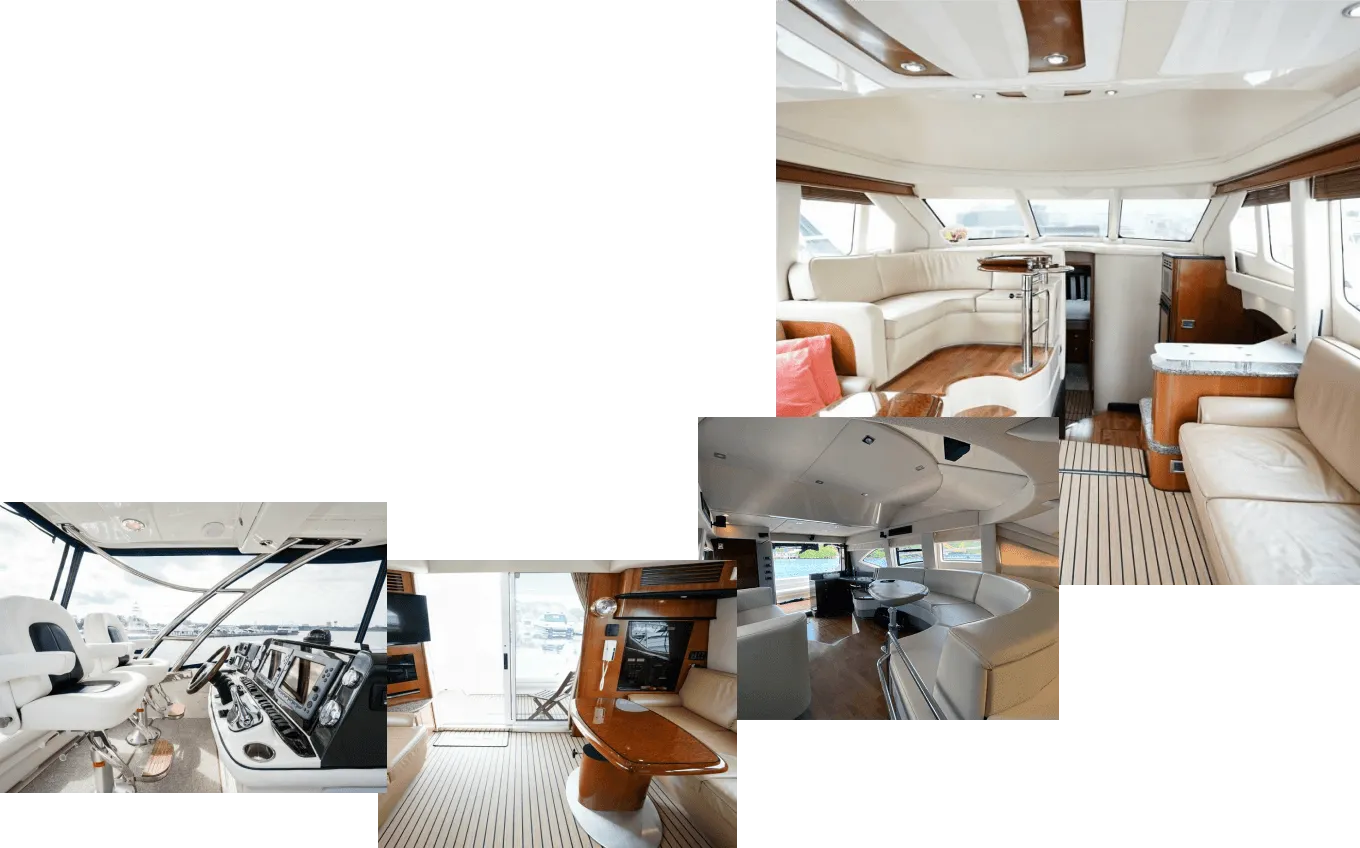 Interior of the yacht: the helm, the salon and the lower lounge
